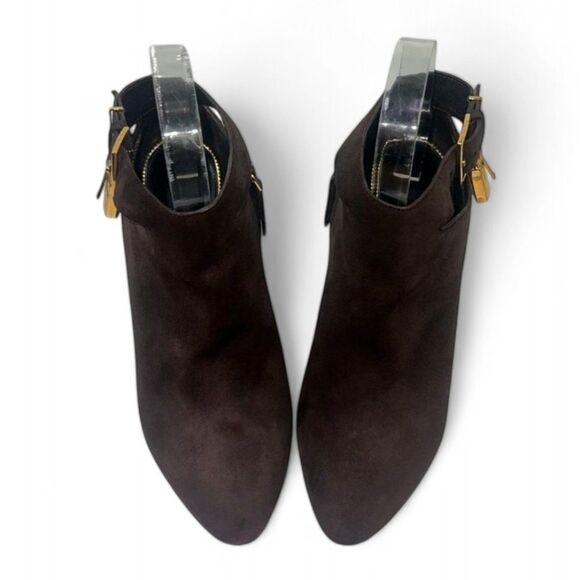TOM FORD Brown Suede Almond Toe Padlock Ankle Strap Booties Size EU38.5 - Picture 5 of 14